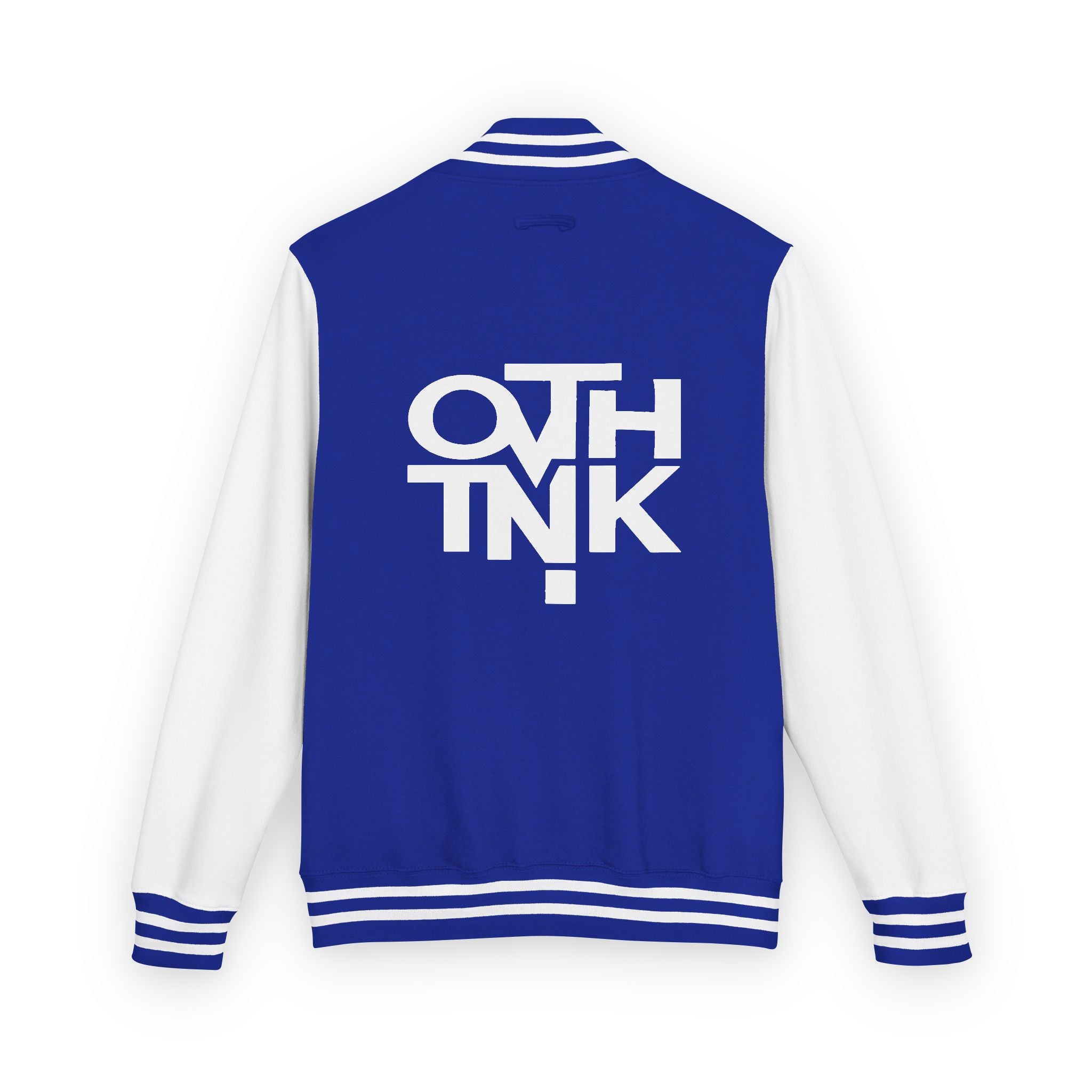 Red & White Letterman Jacket with 'OVERTHINK' Bold Graphic