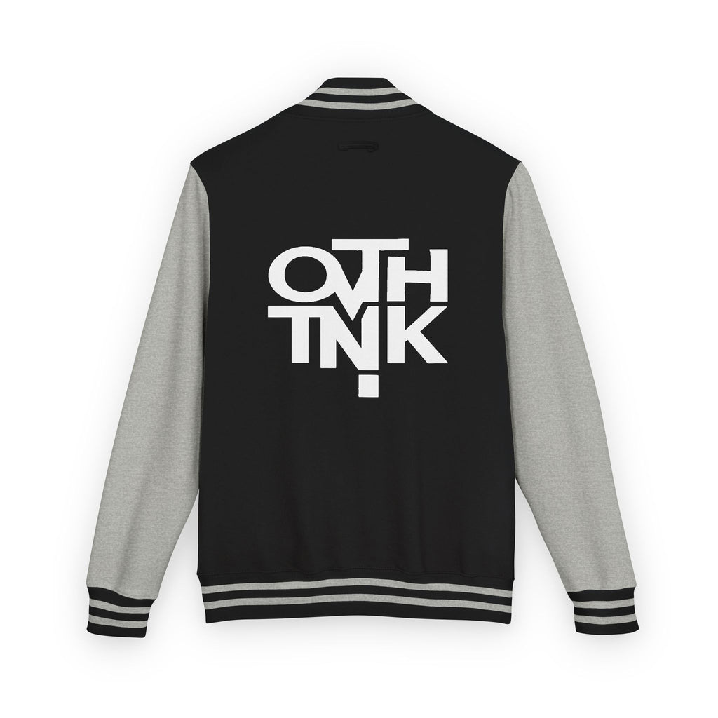 Red & White Letterman Jacket with 'OVERTHINK' Bold Graphic