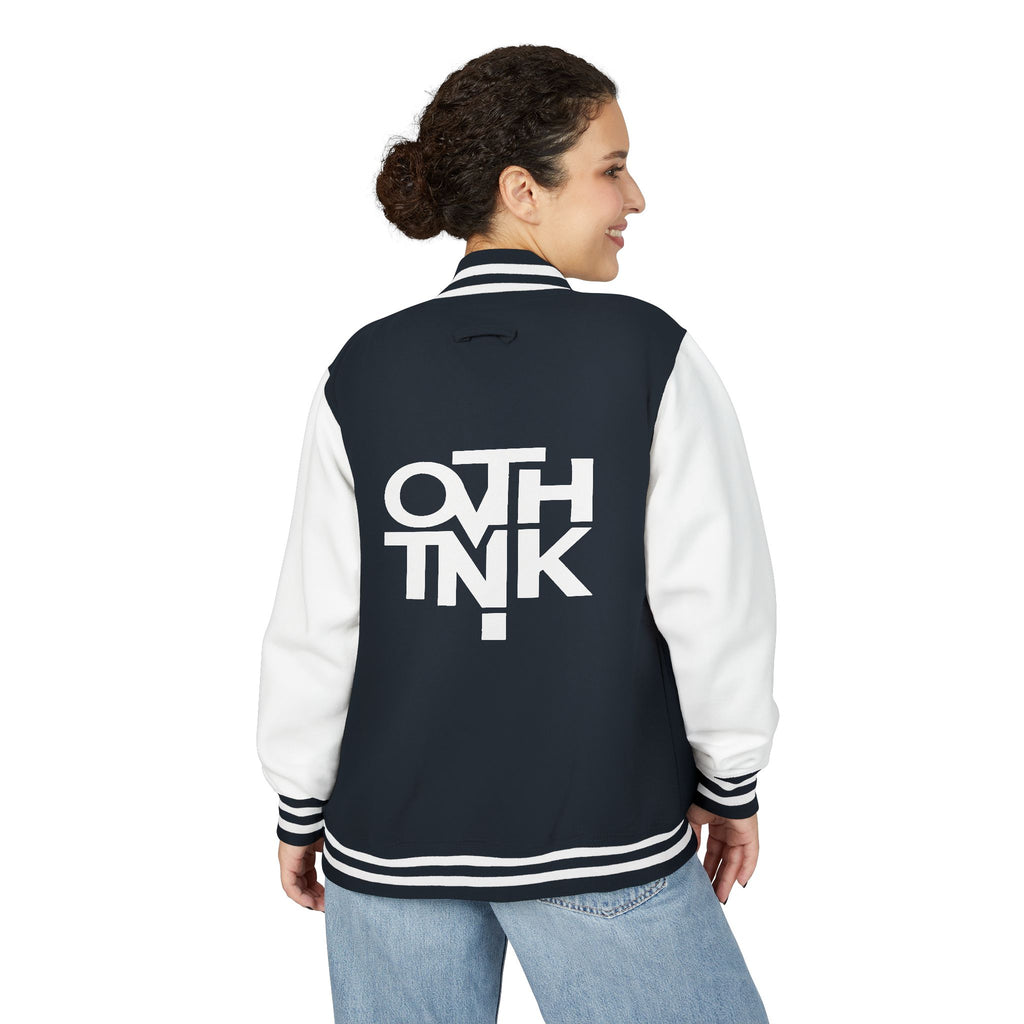 Red & White Letterman Jacket with 'OVERTHINK' Bold Graphic