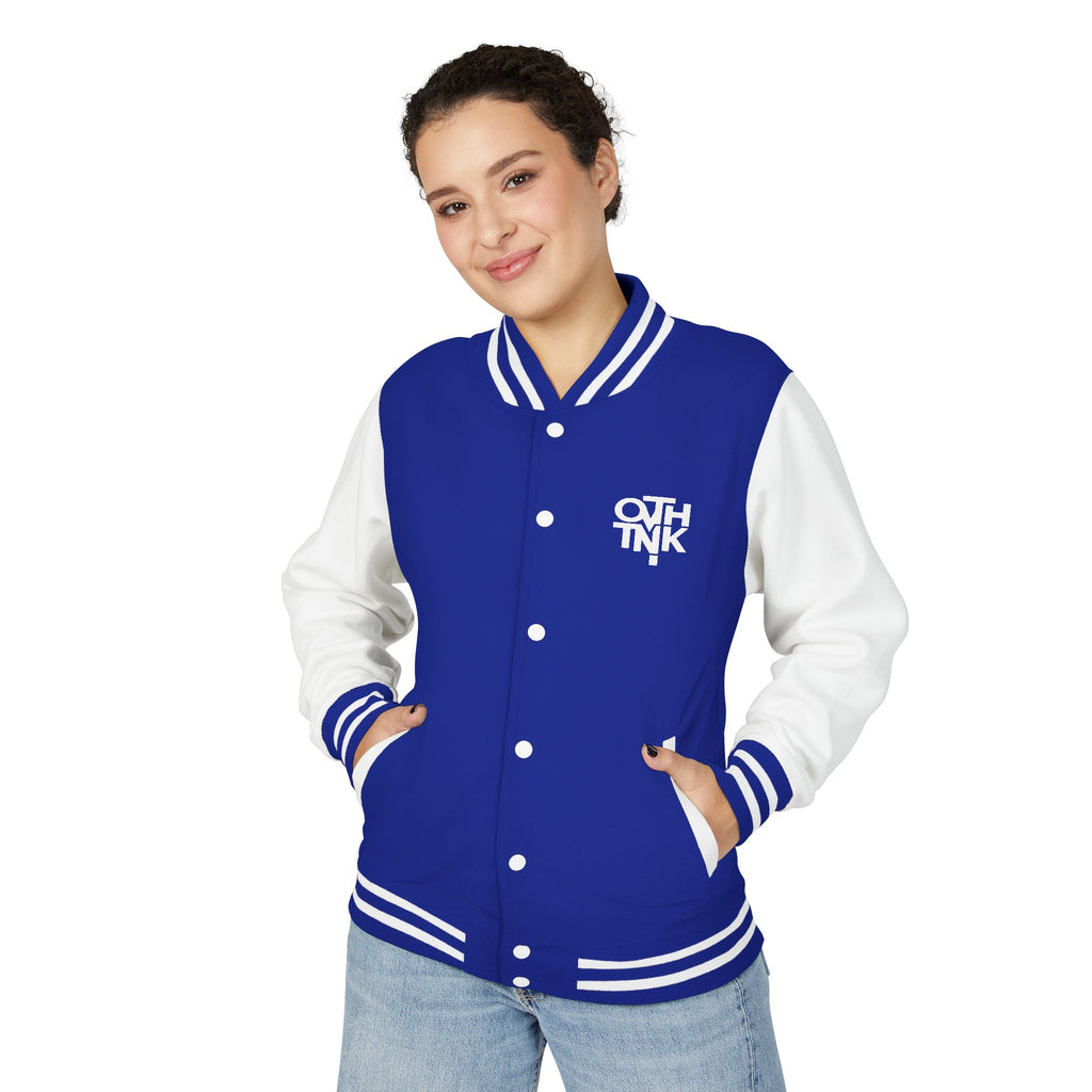 Red & White Letterman Jacket with 'OVERTHINK' Bold Graphic