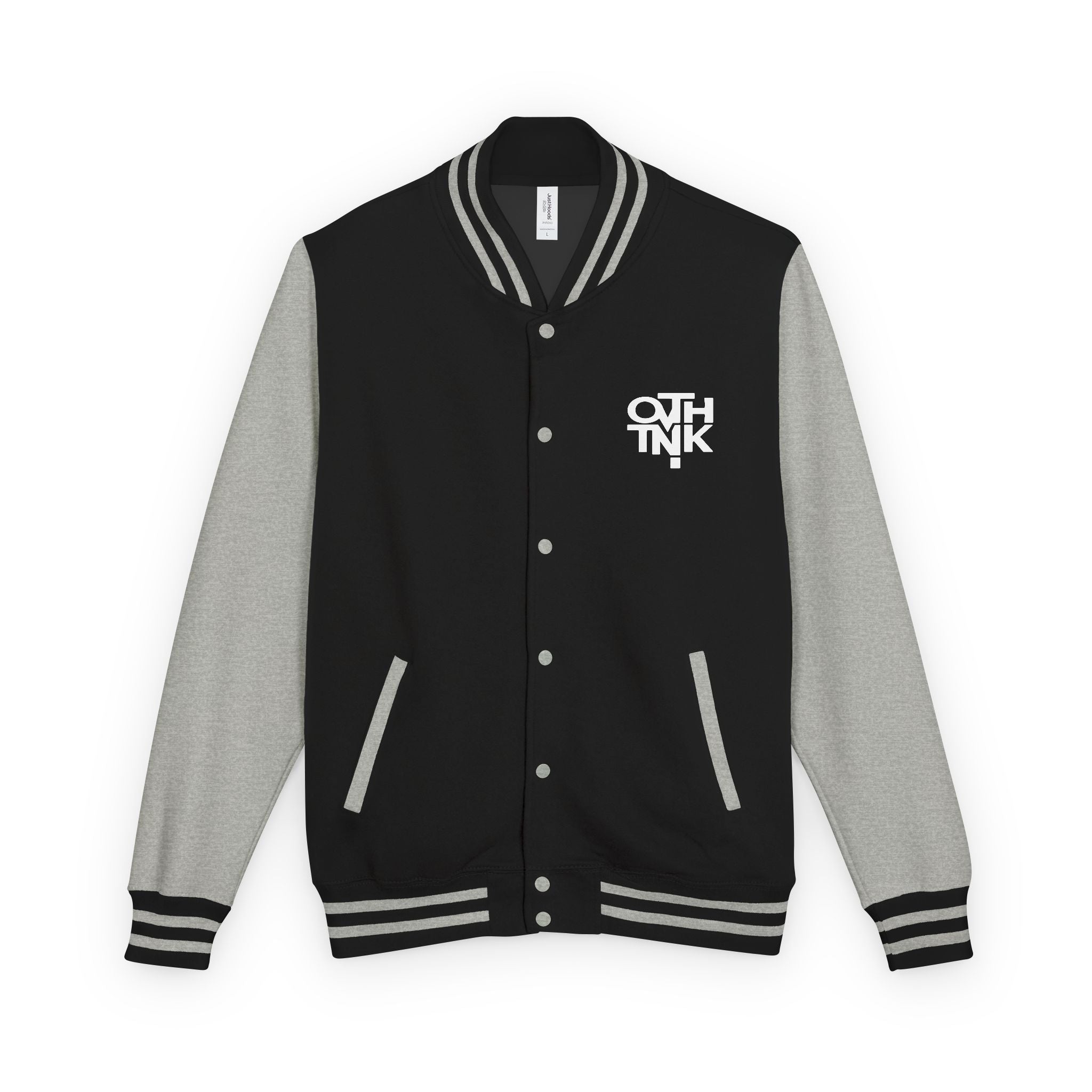 Red & White Letterman Jacket with 'OVERTHINK' Bold Graphic