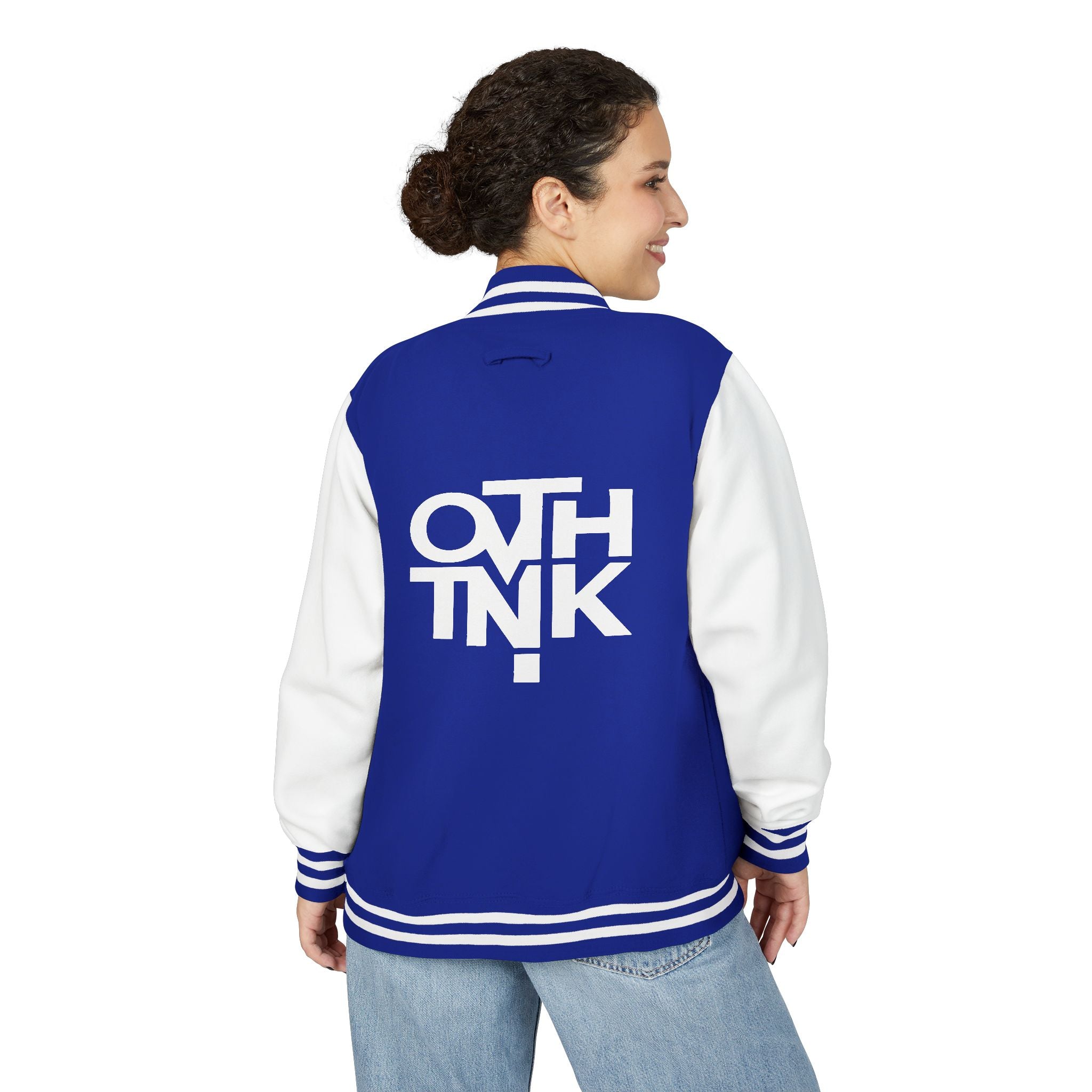 Red & White Letterman Jacket with 'OVERTHINK' Bold Graphic