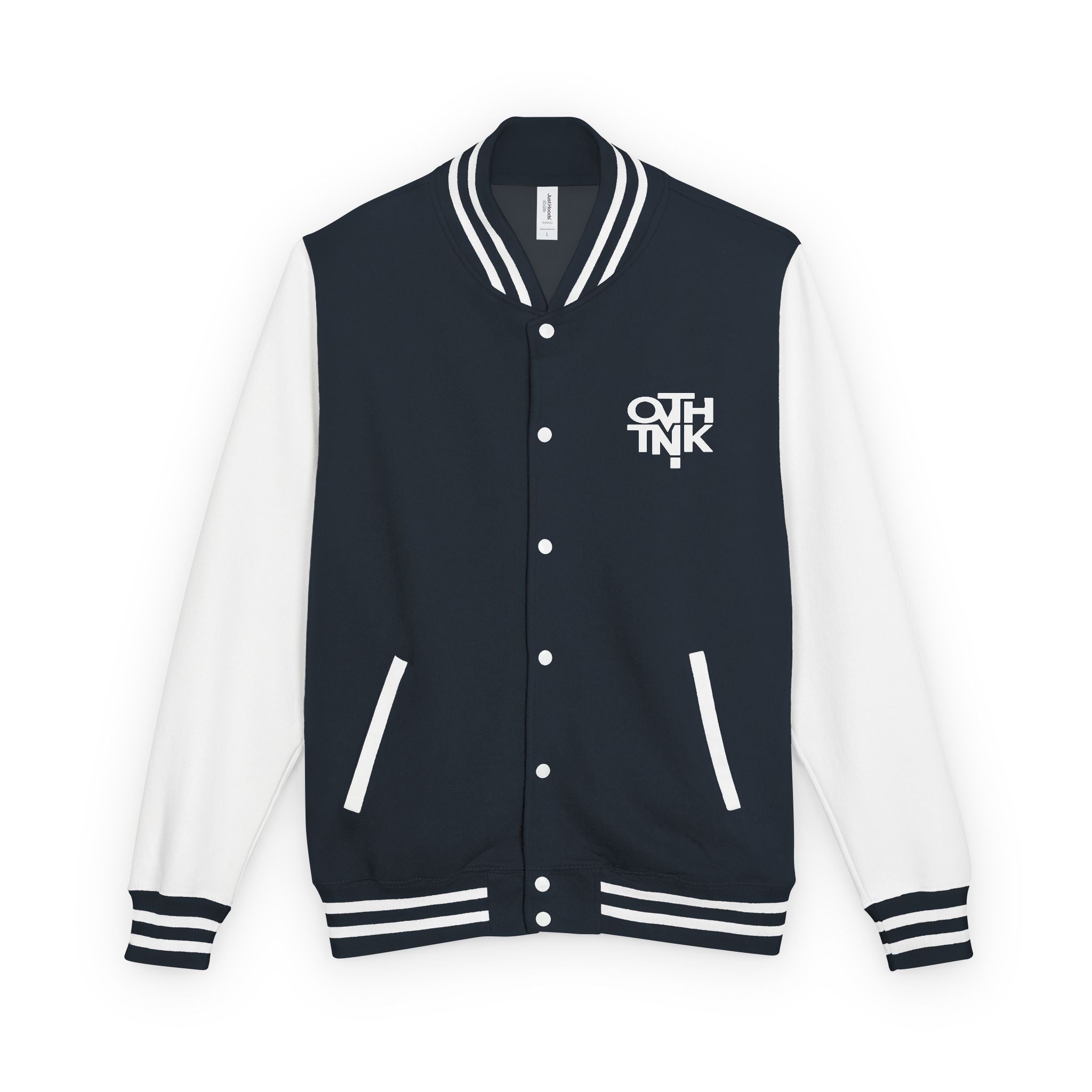 Red & White Letterman Jacket with 'OVERTHINK' Bold Graphic