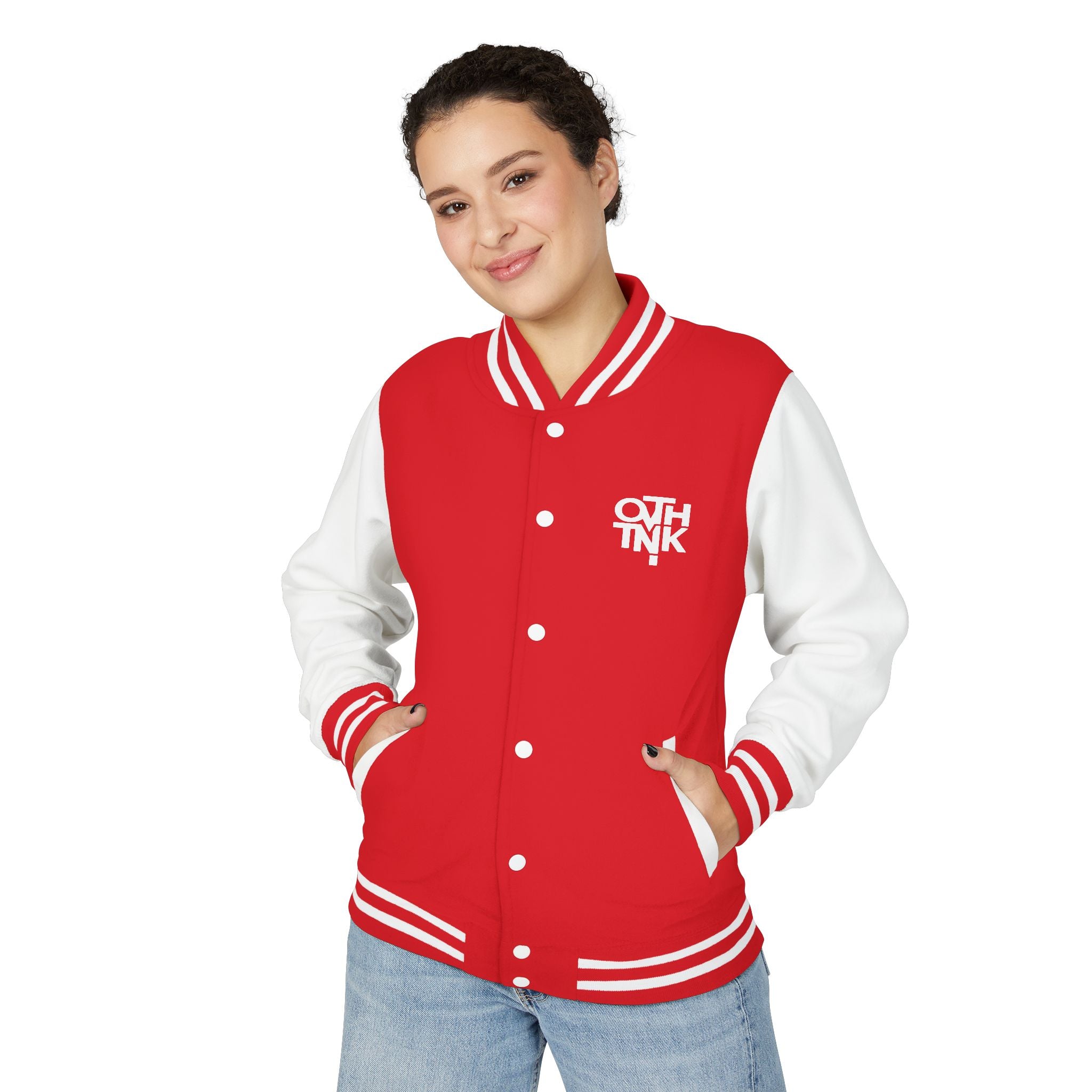 Red & White Letterman Jacket with 'OVERTHINK' Bold Graphic