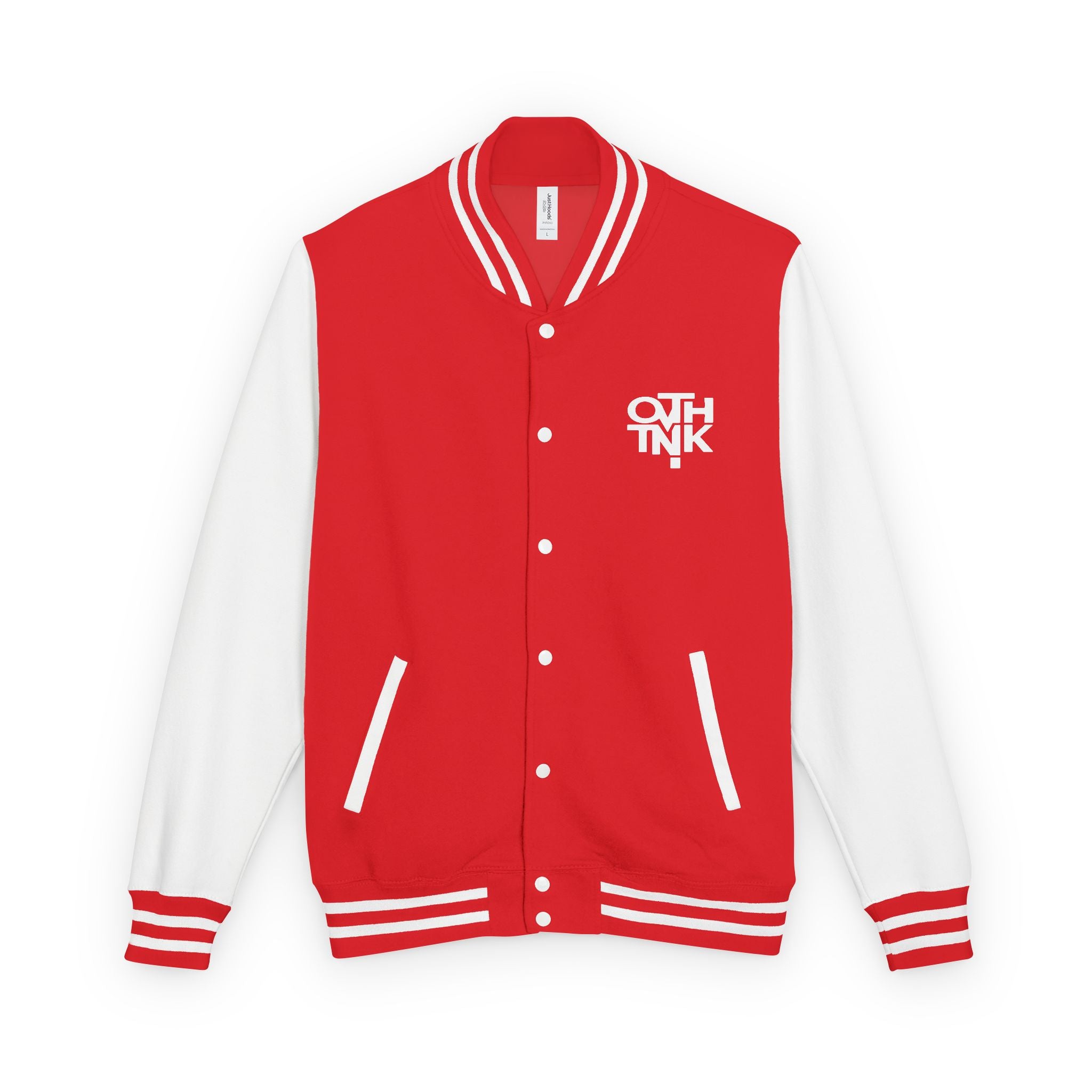 Red & White Letterman Jacket with 'OVERTHINK' Bold Graphic