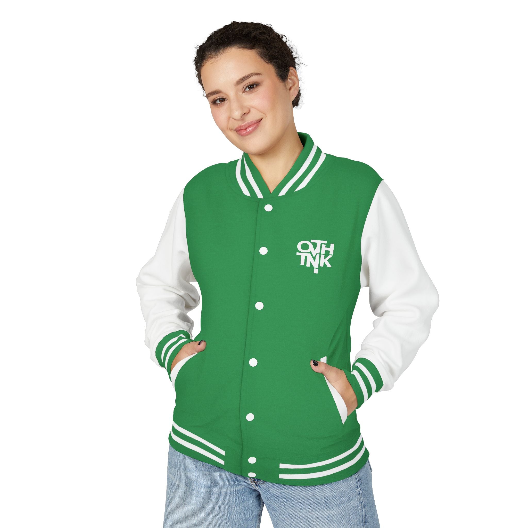 Red & White Letterman Jacket with 'OVERTHINK' Bold Graphic