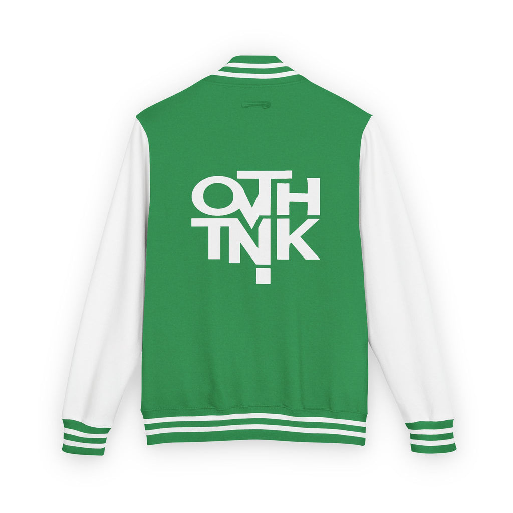 Red & White Letterman Jacket with 'OVERTHINK' Bold Graphic