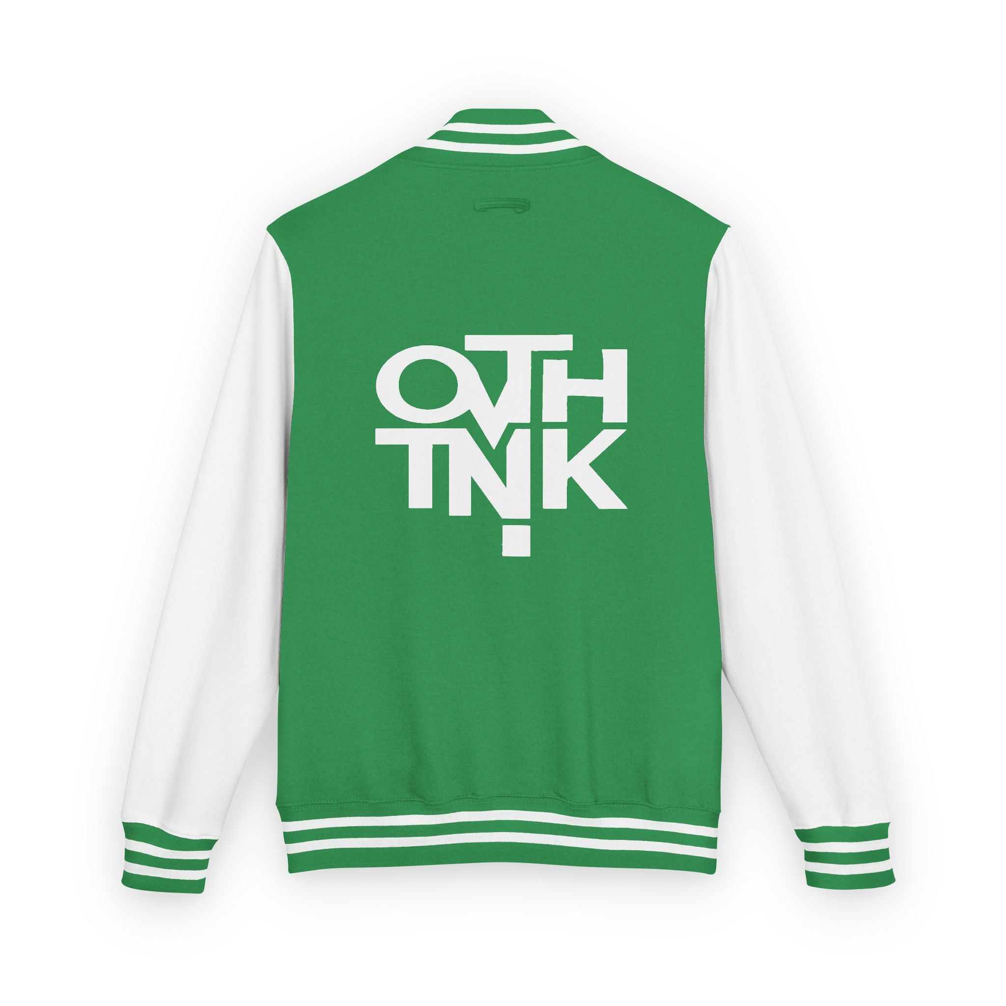 Red & White Letterman Jacket with 'OVERTHINK' Bold Graphic