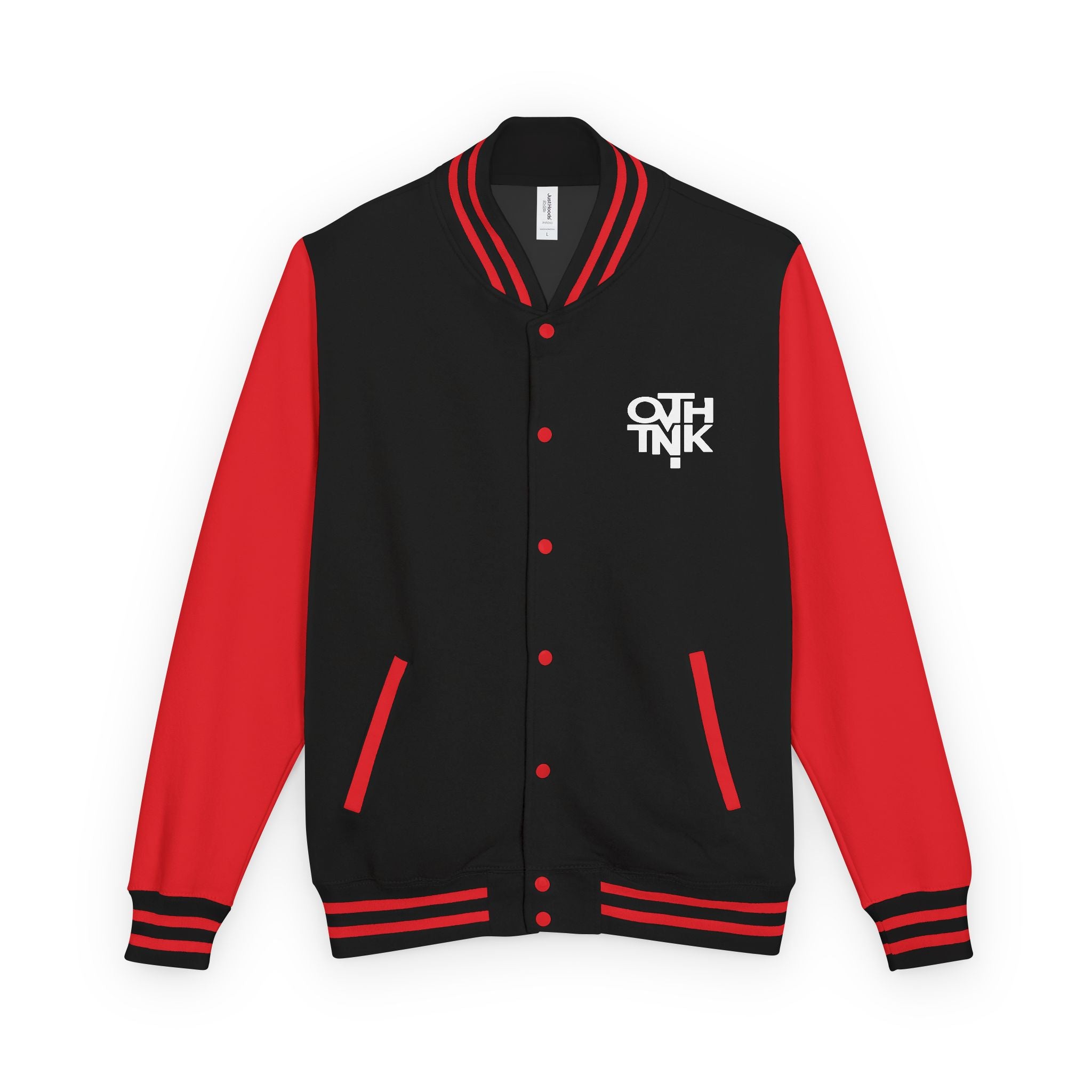 Red & White Letterman Jacket with 'OVERTHINK' Bold Graphic