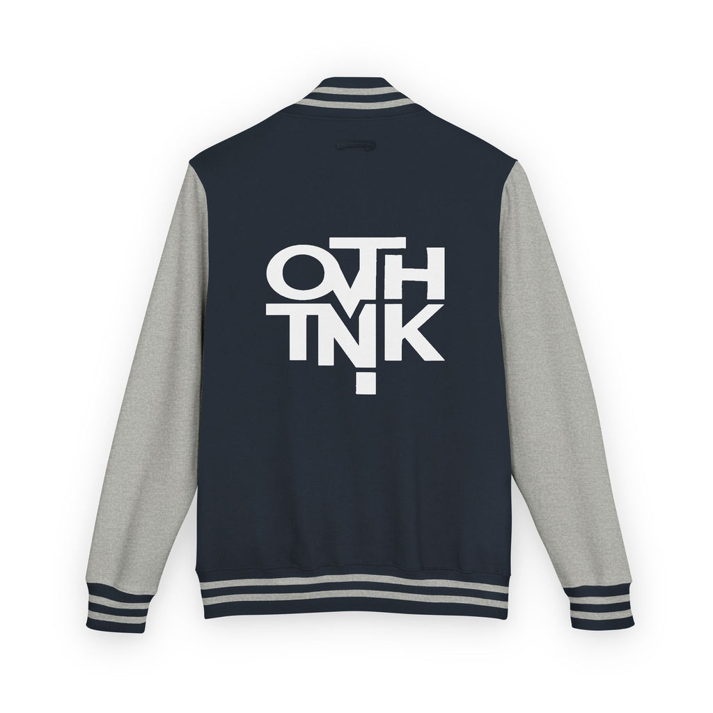 Red & White Letterman Jacket with 'OVERTHINK' Bold Graphic