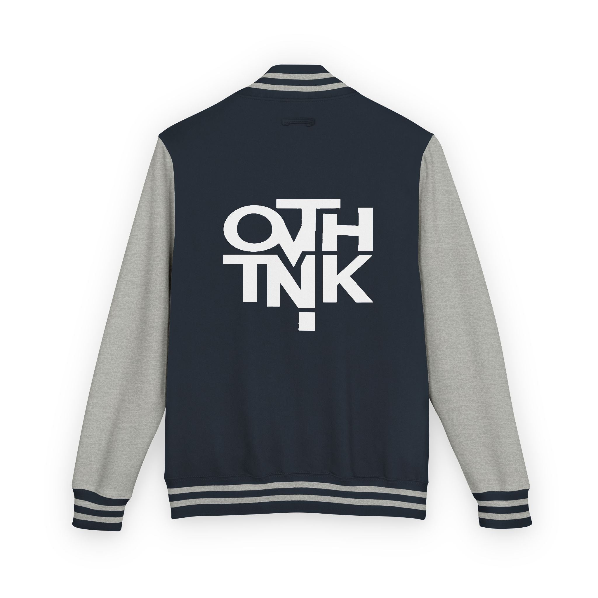 Red & White Letterman Jacket with 'OVERTHINK' Bold Graphic