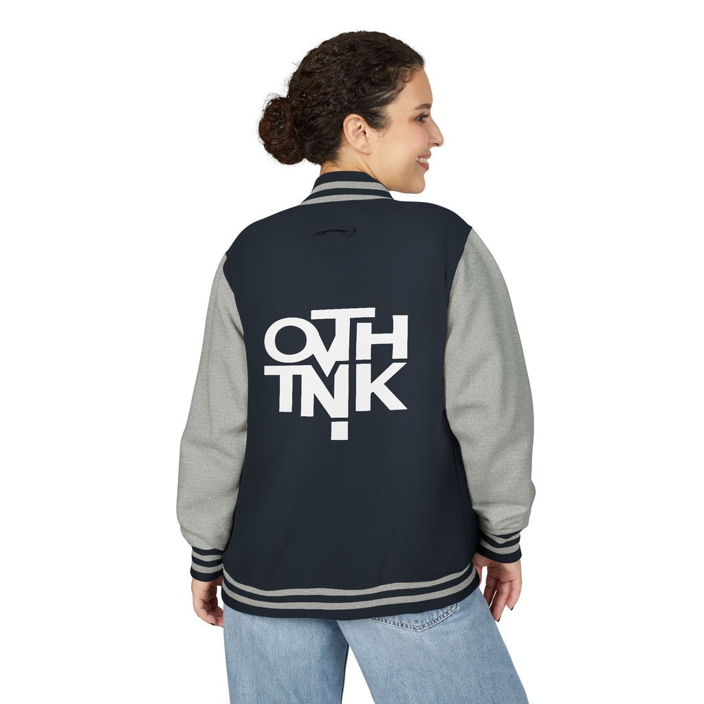 Red & White Letterman Jacket with 'OVERTHINK' Bold Graphic