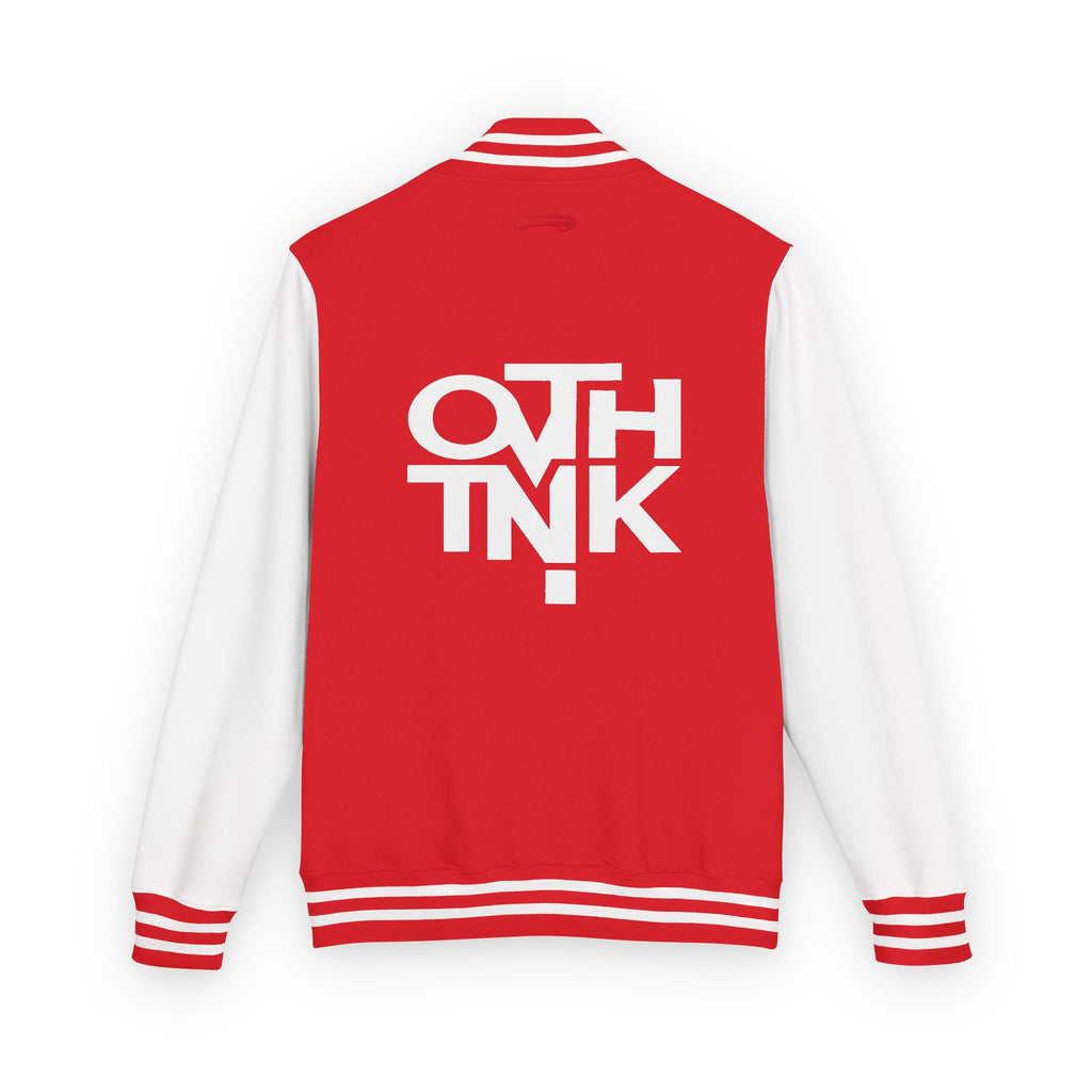 Red & White Letterman Jacket with 'OVERTHINK' Bold Graphic