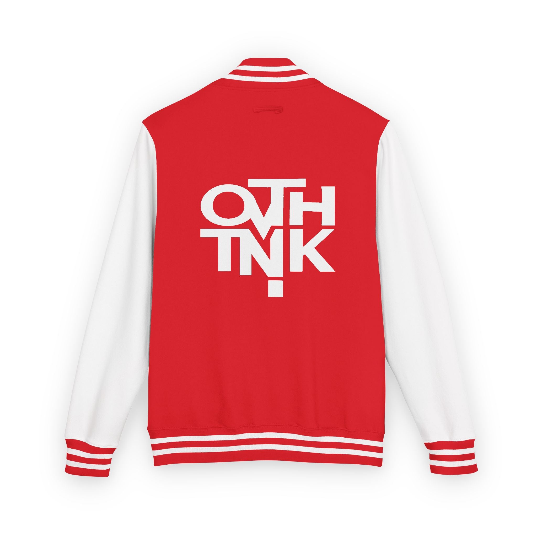 Red & White Letterman Jacket with 'OVERTHINK' Bold Graphic