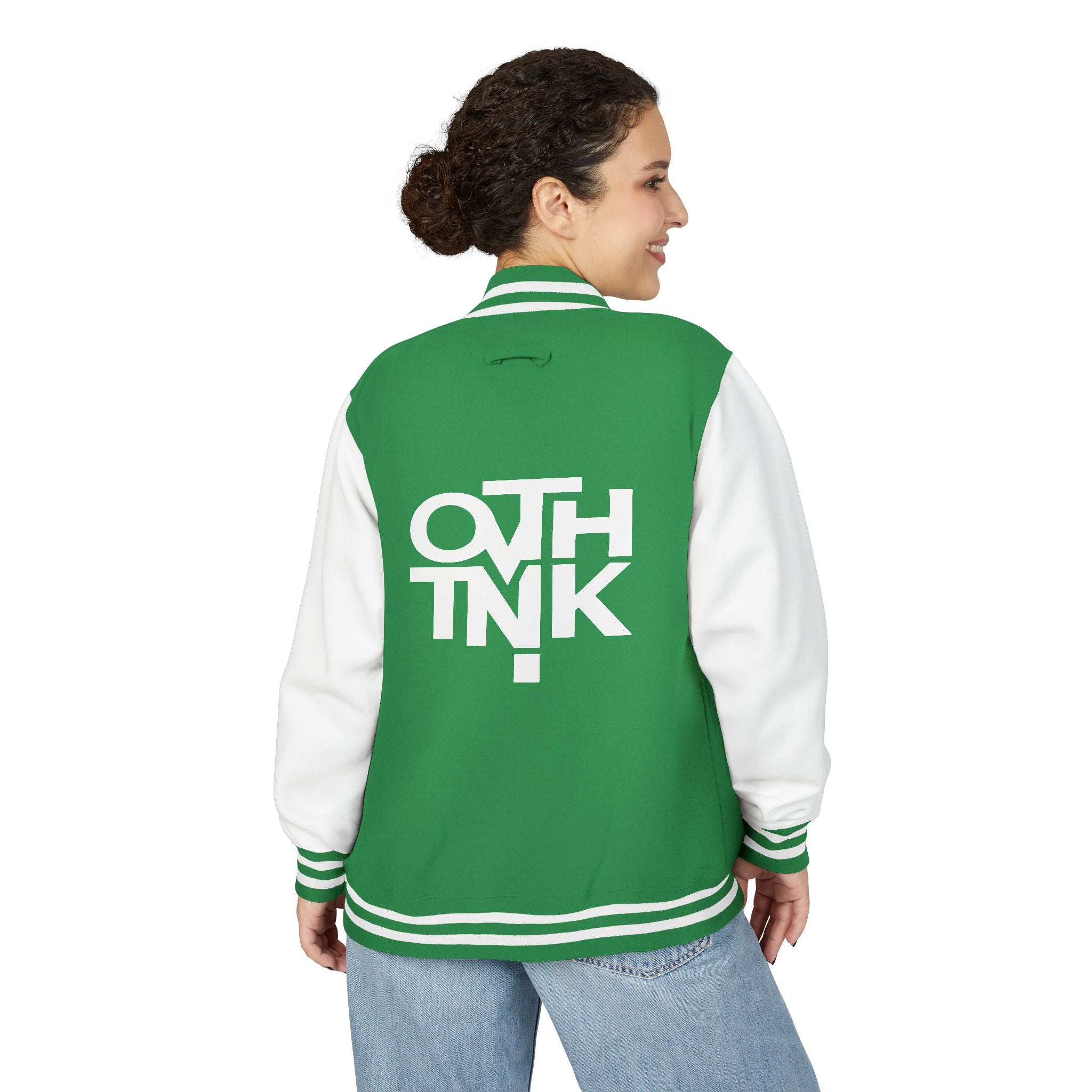 Red & White Letterman Jacket with 'OVERTHINK' Bold Graphic