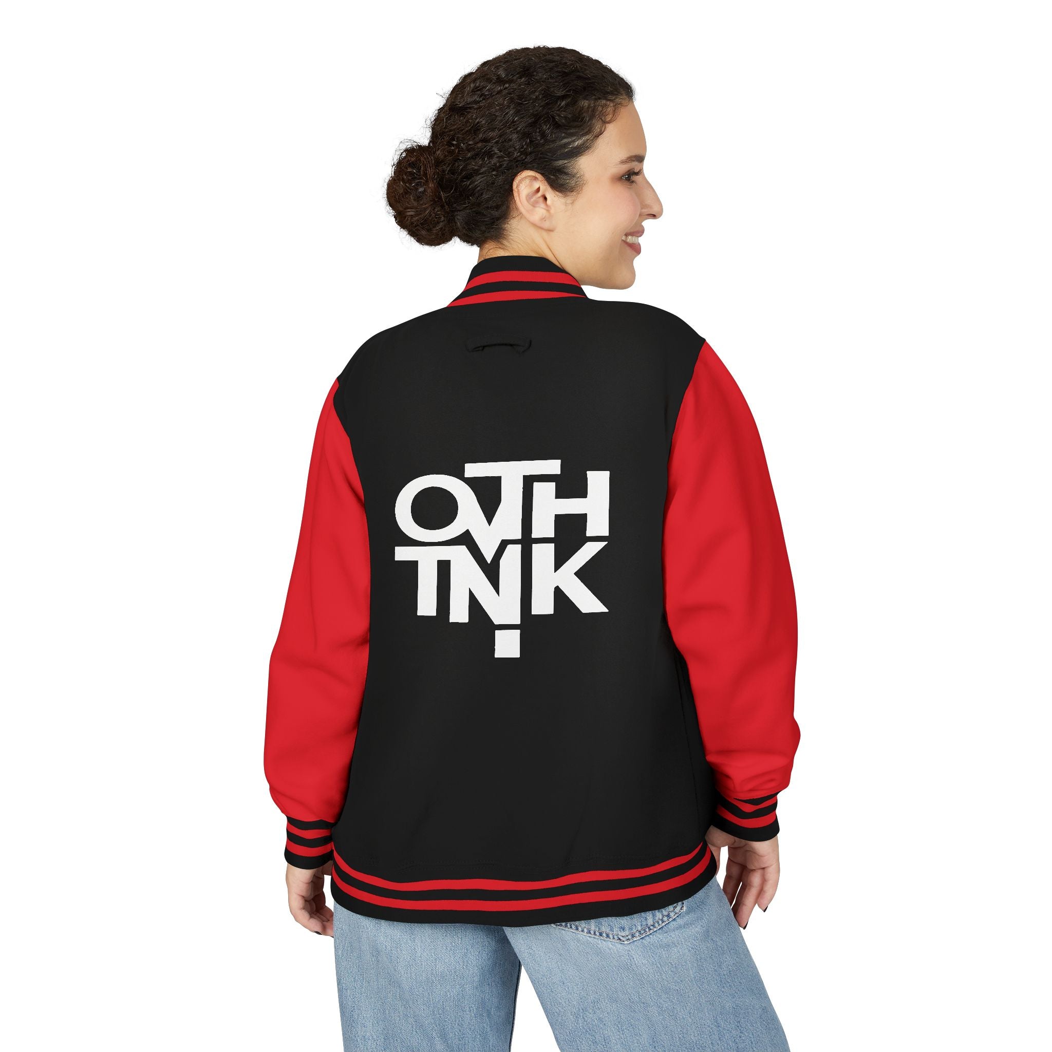 Red & White Letterman Jacket with 'OVERTHINK' Bold Graphic