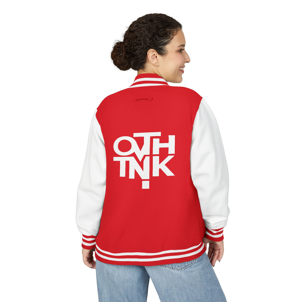 Red & White Letterman Jacket with 'OVERTHINK' Bold Graphic