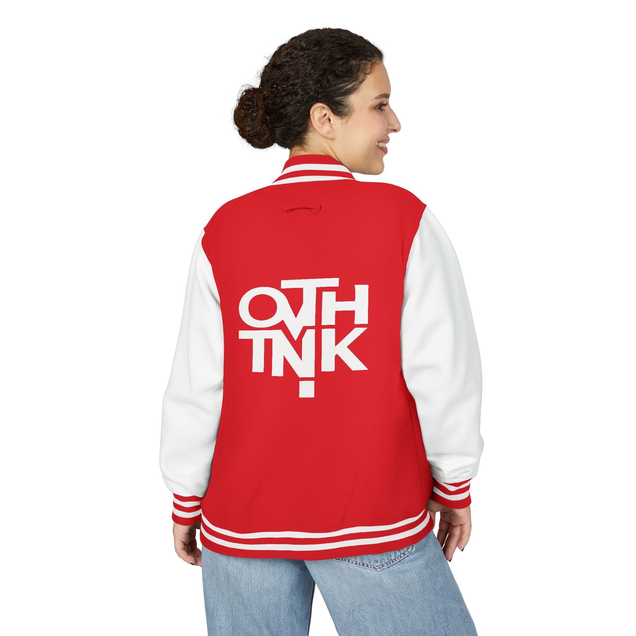Red & White Letterman Jacket with 'OVERTHINK' Bold Graphic