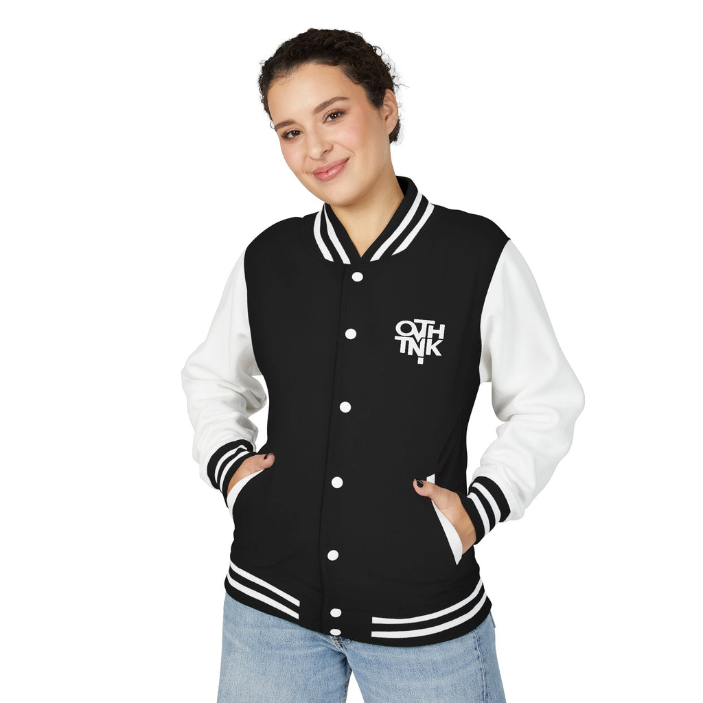 Red & White Letterman Jacket with 'OVERTHINK' Bold Graphic