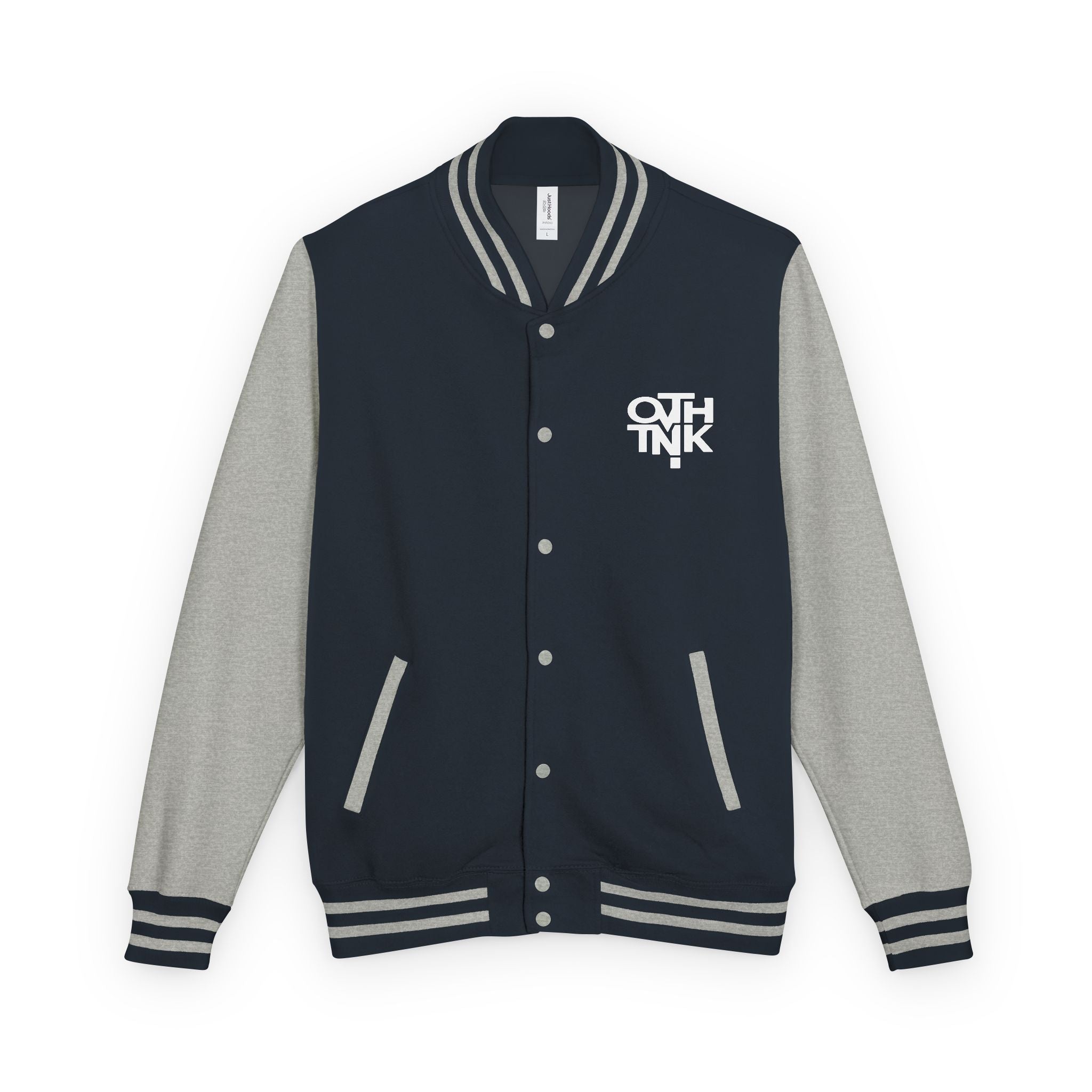Red & White Letterman Jacket with 'OVERTHINK' Bold Graphic