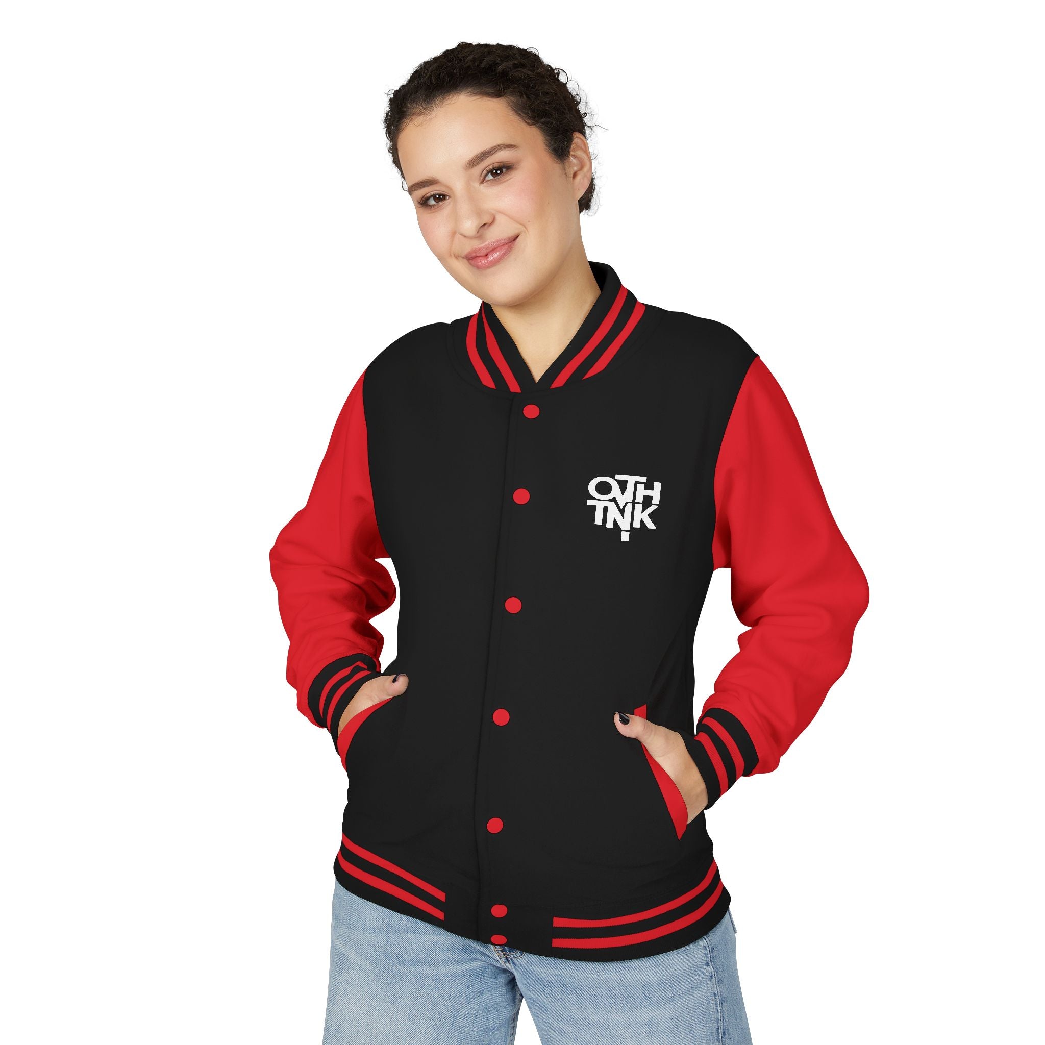 Red & White Letterman Jacket with 'OVERTHINK' Bold Graphic