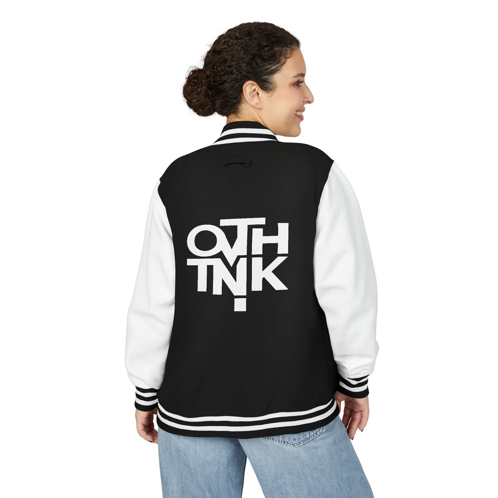 Red & White Letterman Jacket with 'OVERTHINK' Bold Graphic