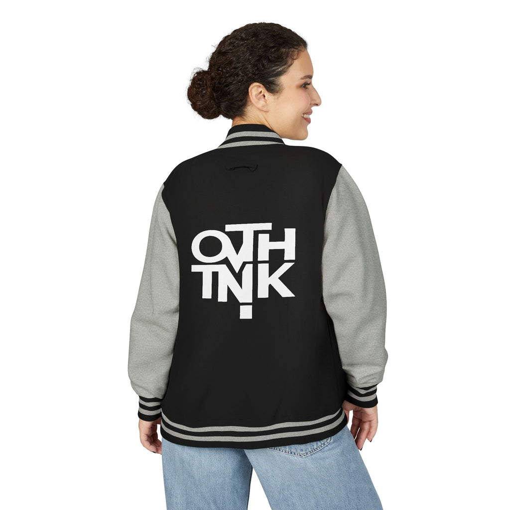 Red & White Letterman Jacket with 'OVERTHINK' Bold Graphic