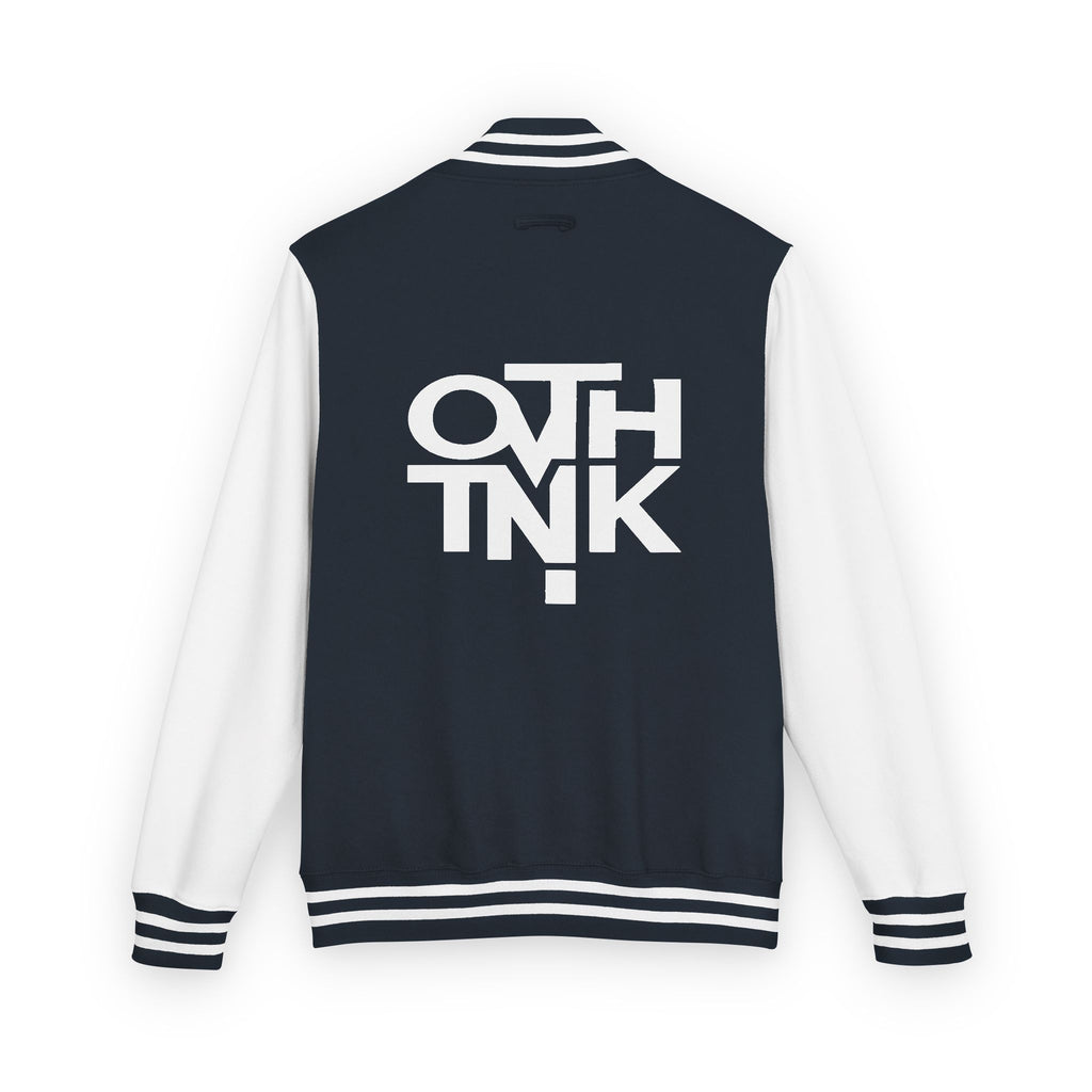 Red & White Letterman Jacket with 'OVERTHINK' Bold Graphic