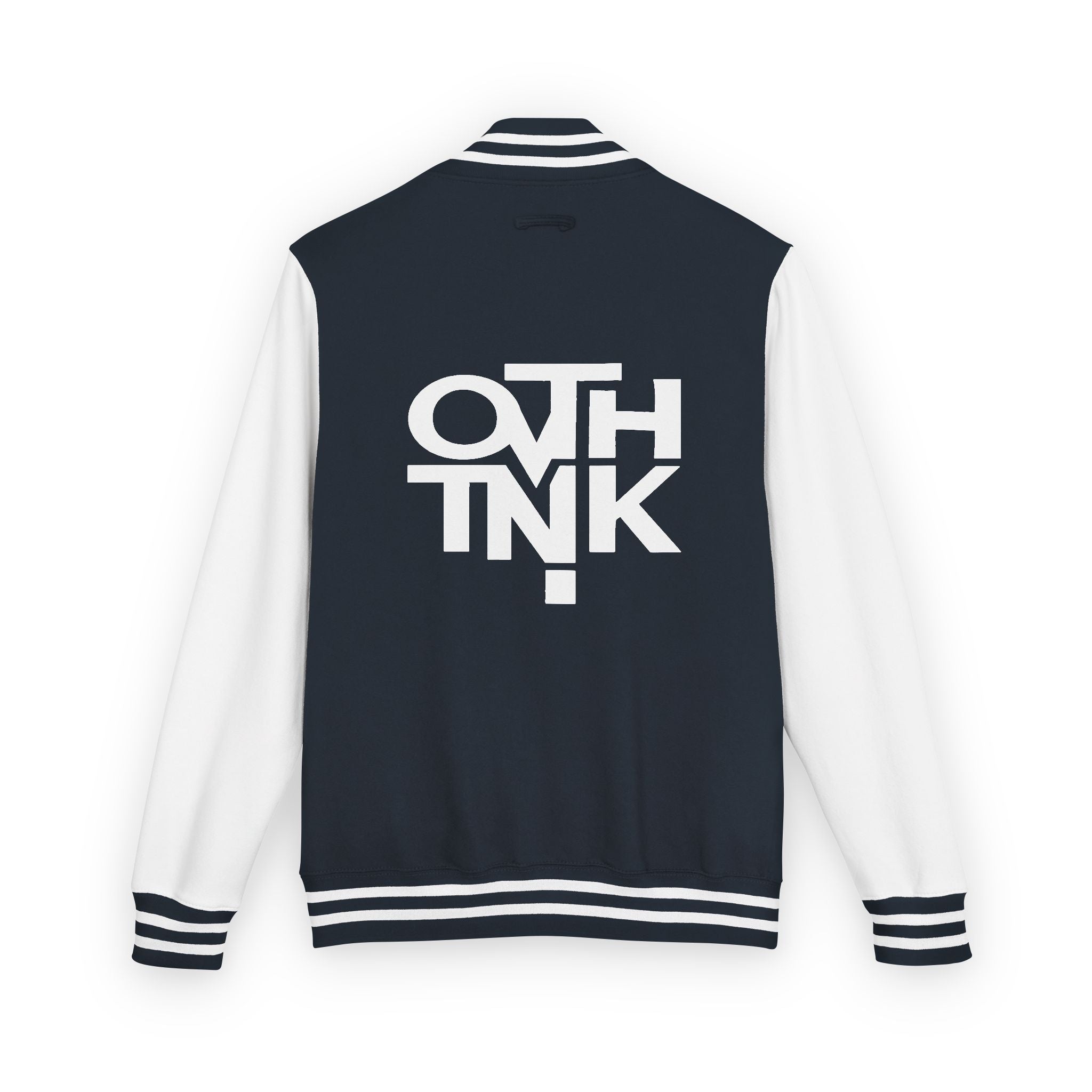 Red & White Letterman Jacket with 'OVERTHINK' Bold Graphic