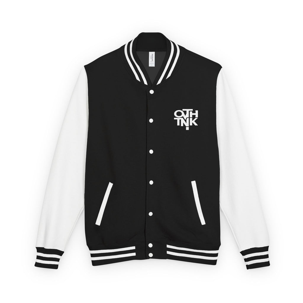 Red & White Letterman Jacket with 'OVERTHINK' Bold Graphic