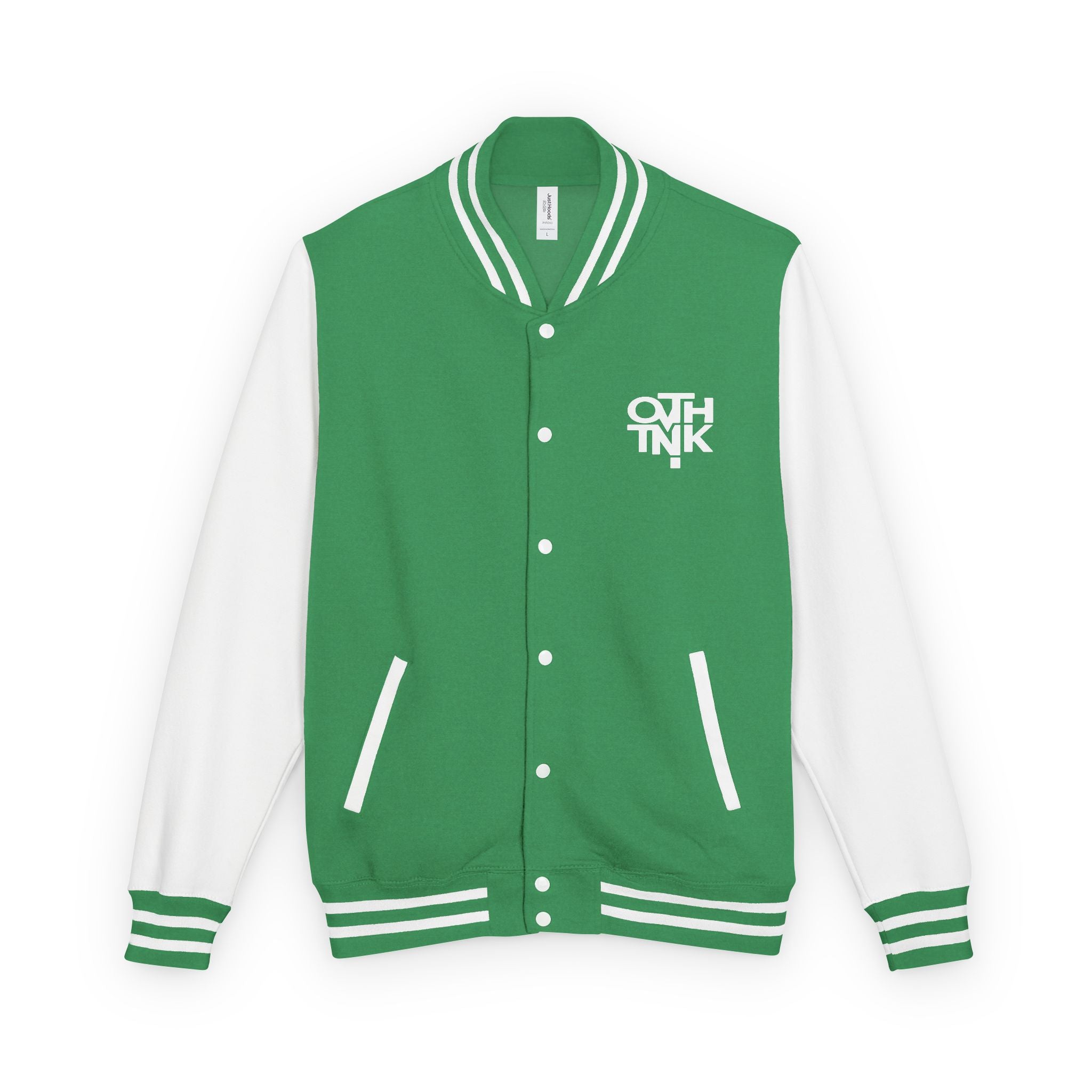 Red & White Letterman Jacket with 'OVERTHINK' Bold Graphic