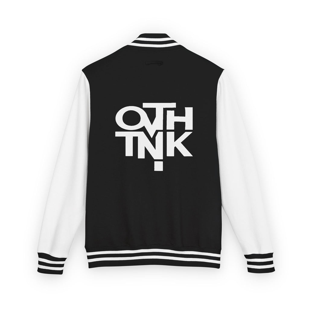 Red & White Letterman Jacket with 'OVERTHINK' Bold Graphic