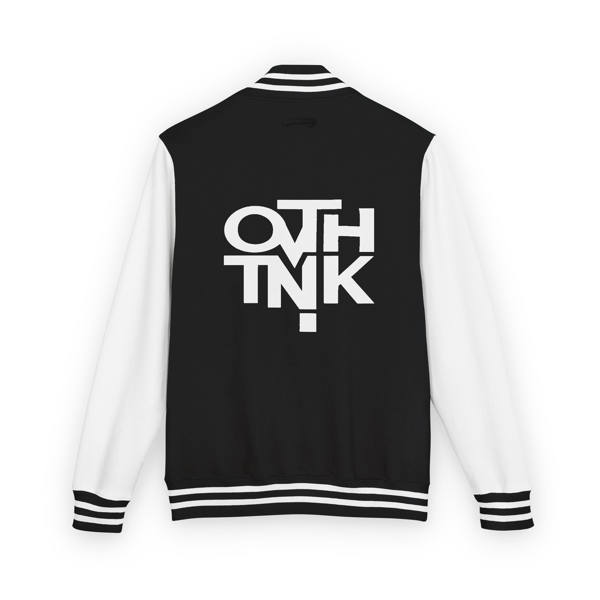 Red & White Letterman Jacket with 'OVERTHINK' Bold Graphic