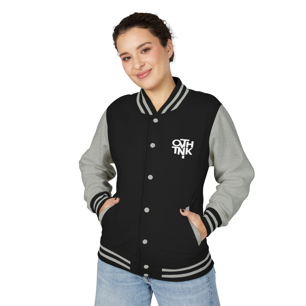 Red & White Letterman Jacket with 'OVERTHINK' Bold Graphic
