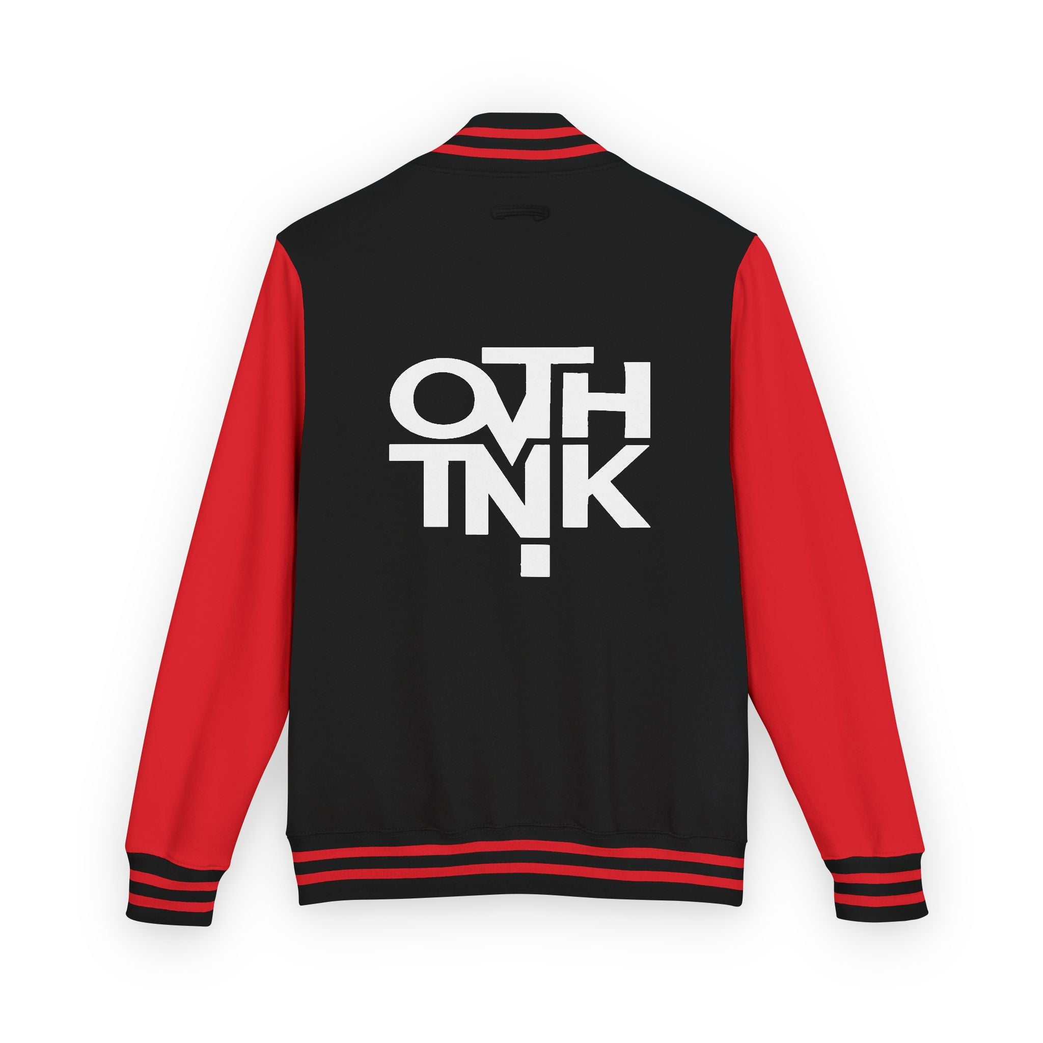Red & White Letterman Jacket with 'OVERTHINK' Bold Graphic
