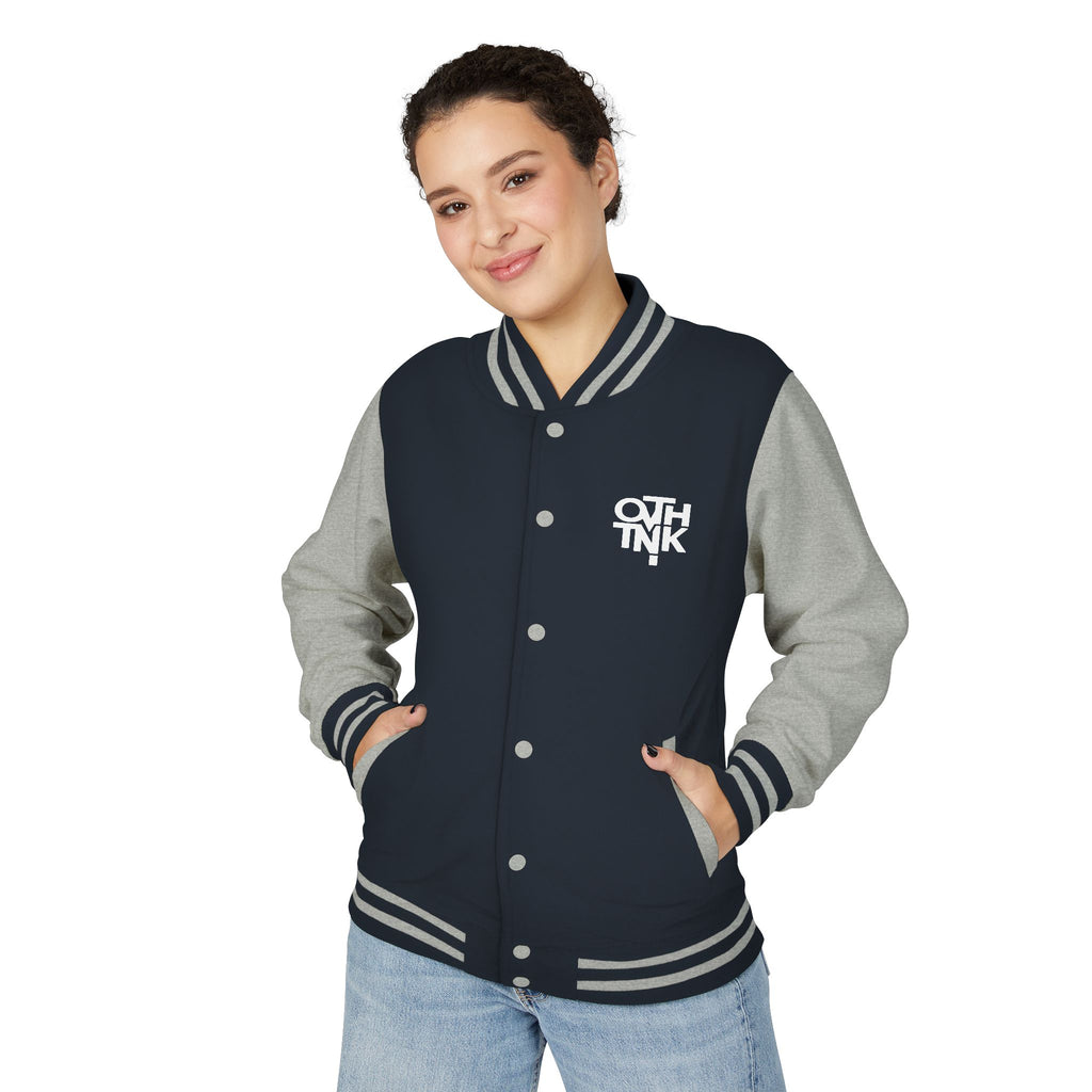 Red & White Letterman Jacket with 'OVERTHINK' Bold Graphic
