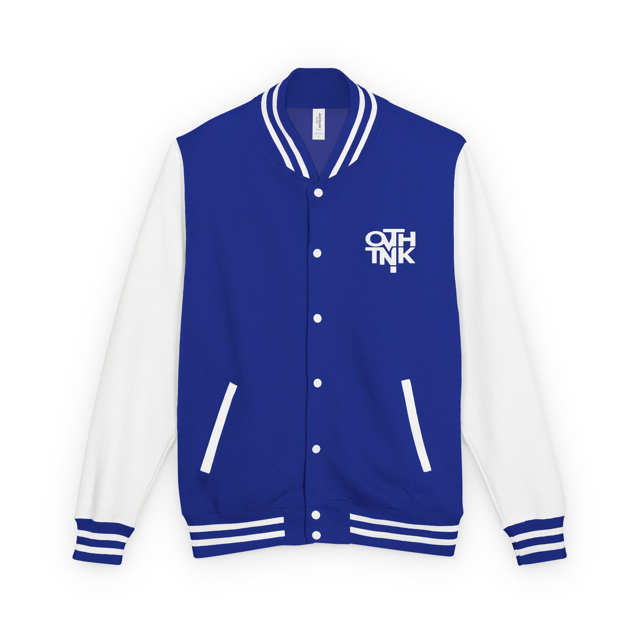 Red & White Letterman Jacket with 'OVERTHINK' Bold Graphic
