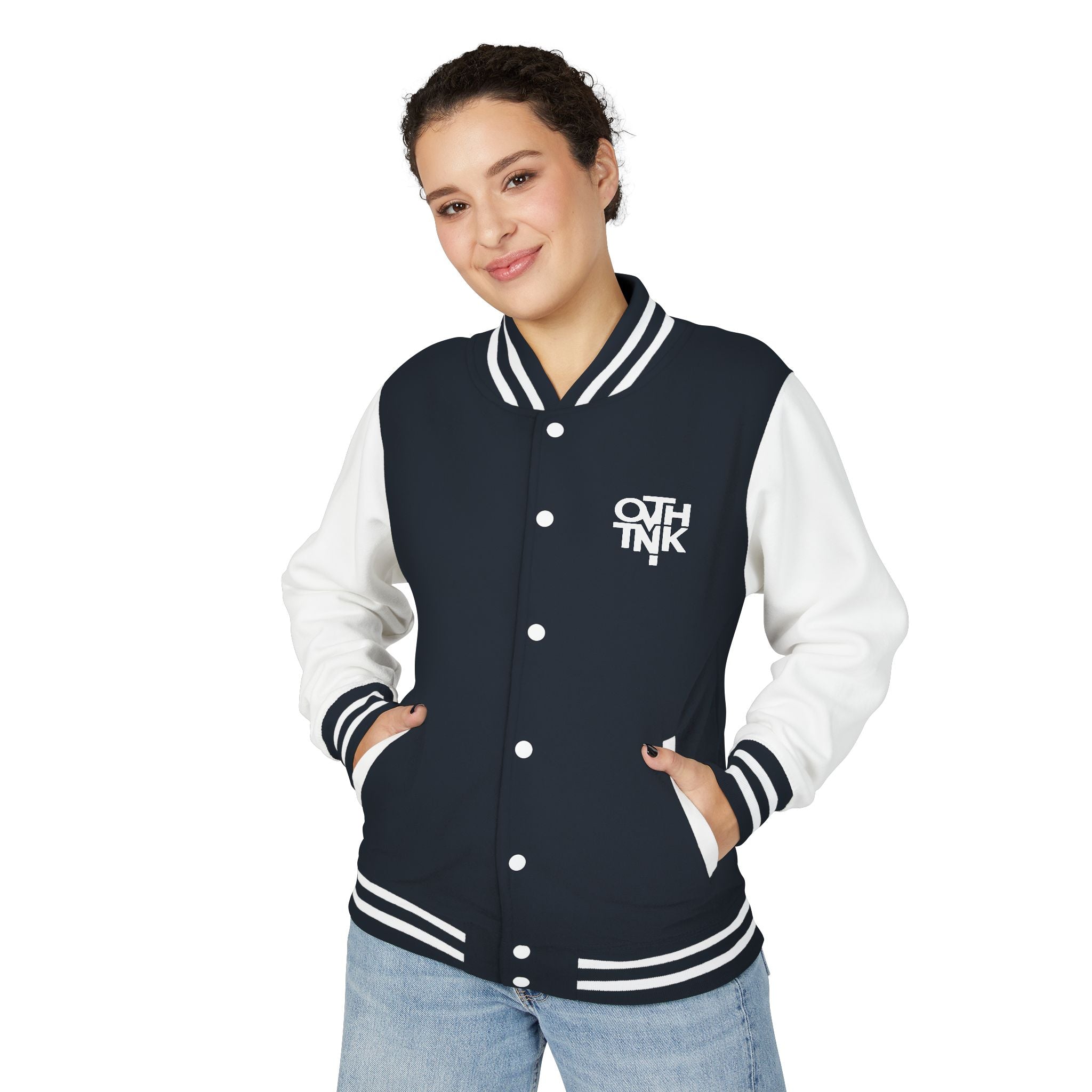 Red & White Letterman Jacket with 'OVERTHINK' Bold Graphic